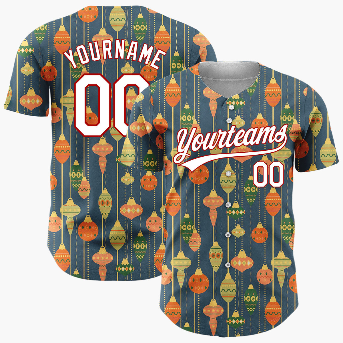 Custom Navy Orange Retro Hanging Ornaments Elegant Mid Century Pattern Christmas Baseball Jersey