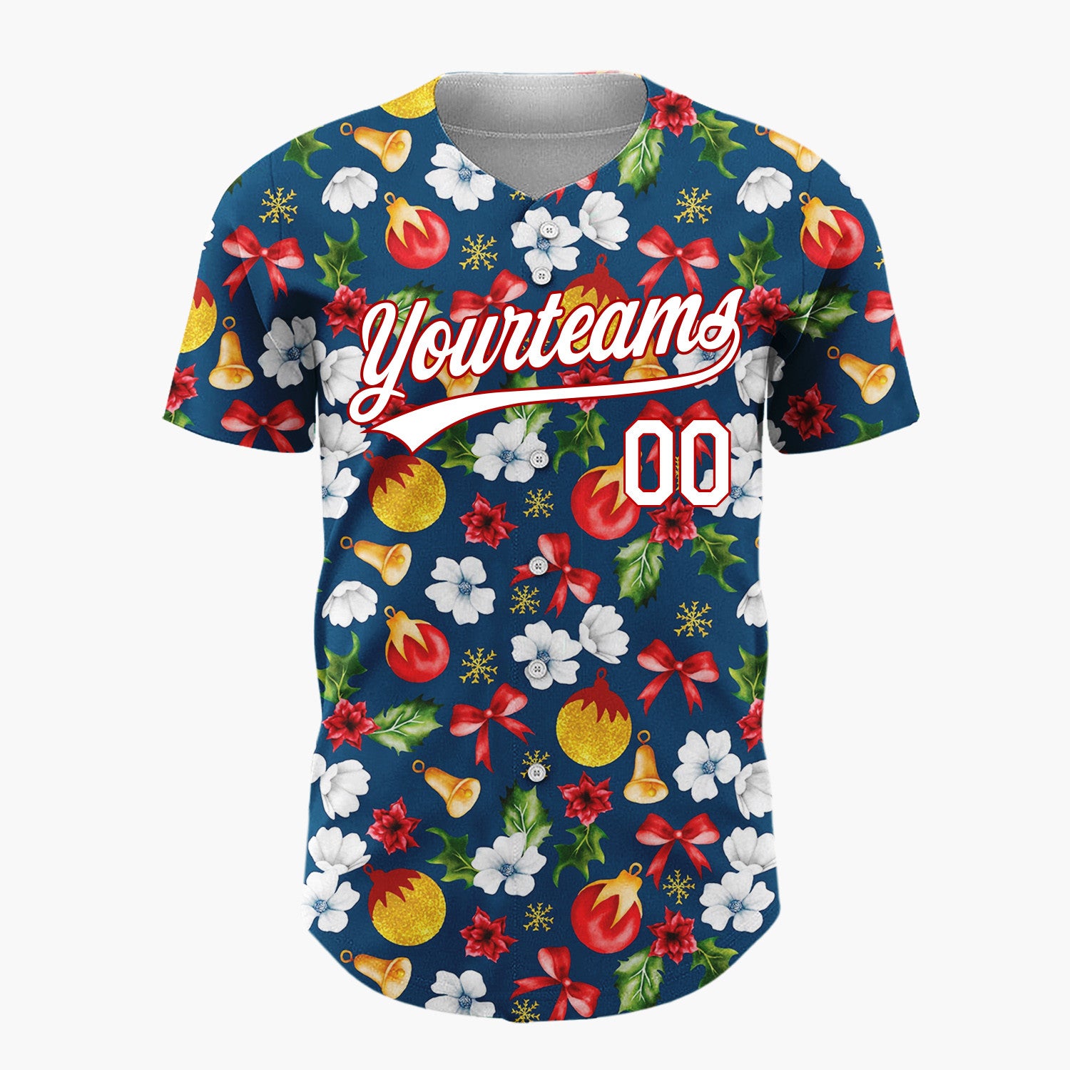 Custom Navy Red Gold Florals Bows And Baubles Christmas Botanical Pattern Christmas Baseball Jersey