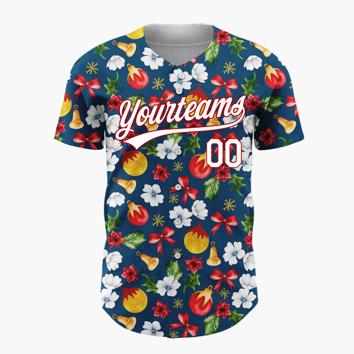 Custom Navy Red Gold Florals Bows And Baubles Christmas Botanical Pattern Christmas Baseball Jersey