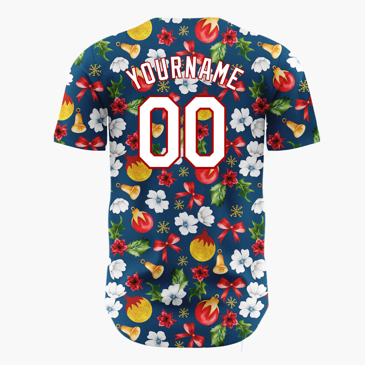 Custom Navy Red Gold Florals Bows And Baubles Christmas Botanical Pattern Christmas Baseball Jersey