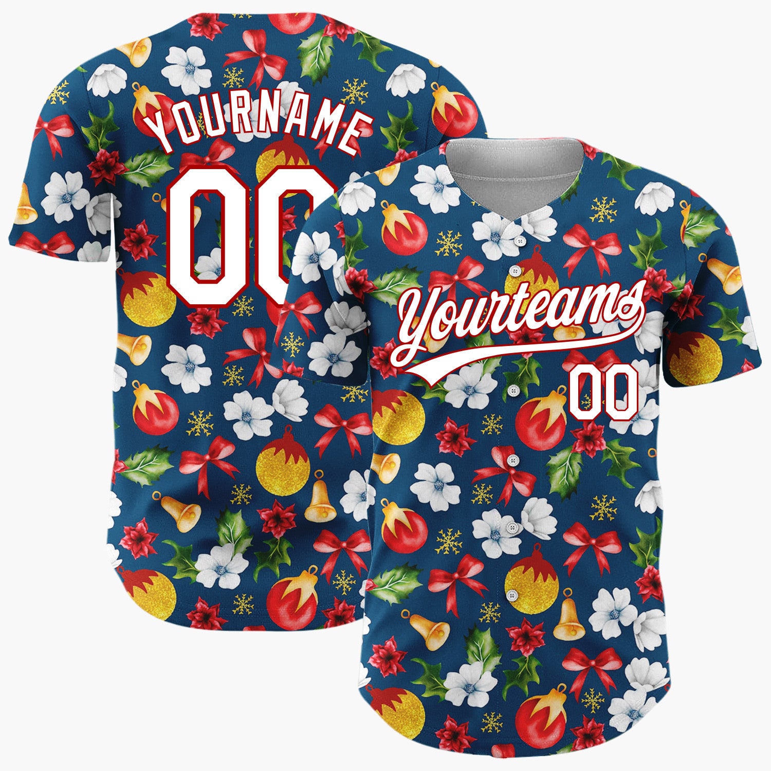 Custom Navy Red Gold Florals Bows And Baubles Christmas Botanical Pattern Christmas Baseball Jersey