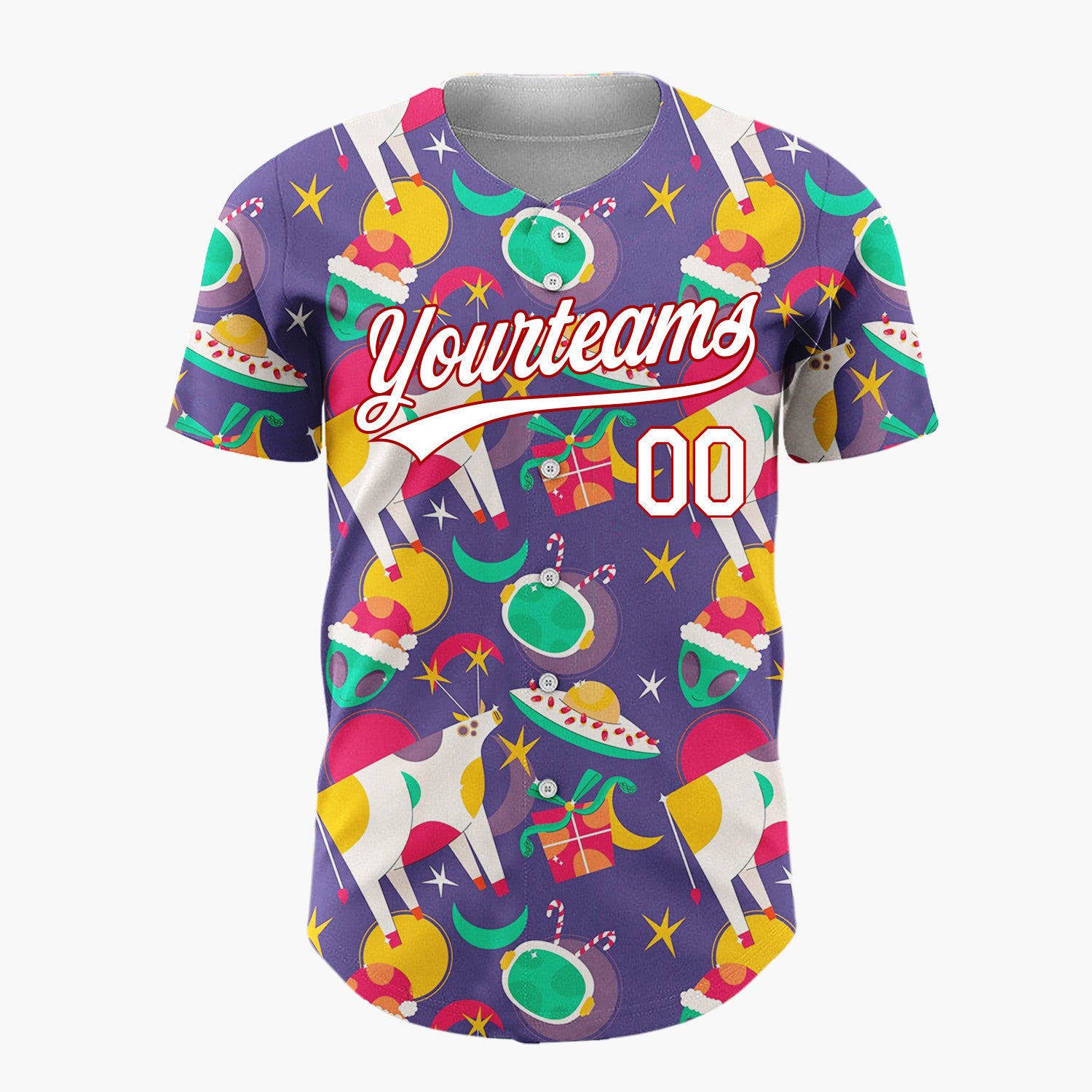 Custom Purple Green Yellow UFO Cows And Aliens Funny Christmas Baseball Jersey