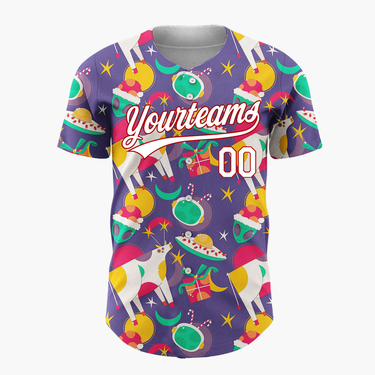 Custom Purple Green Yellow UFO Cows And Aliens Funny Christmas Baseball Jersey
