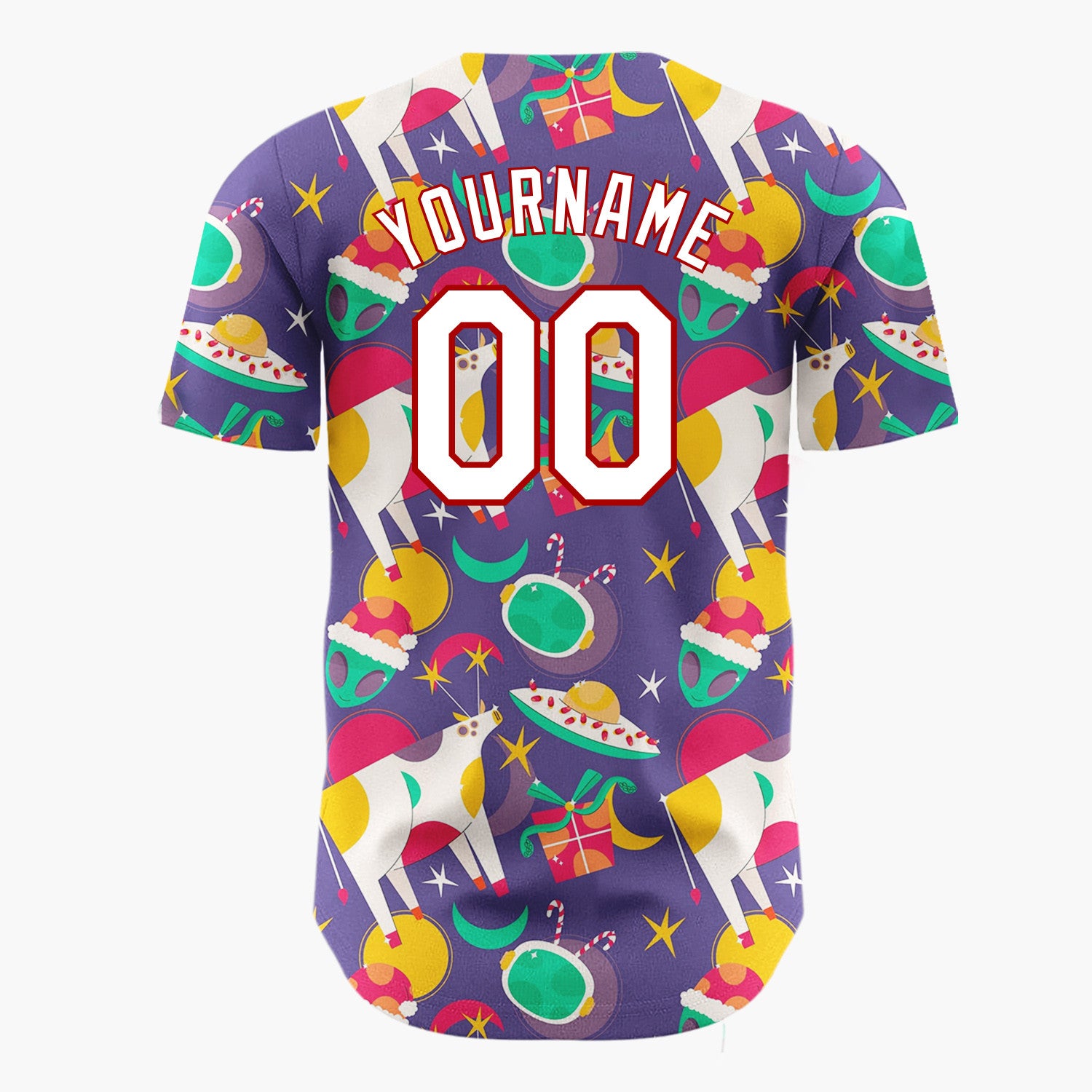 Custom Purple Green Yellow UFO Cows And Aliens Funny Christmas Baseball Jersey