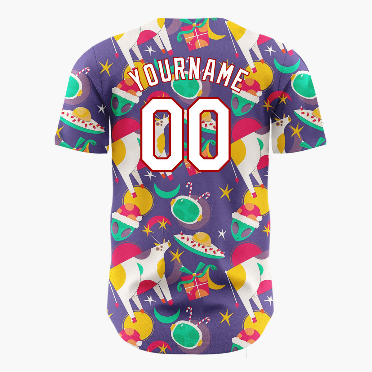 Custom Purple Green Yellow UFO Cows And Aliens Funny Christmas Baseball Jersey