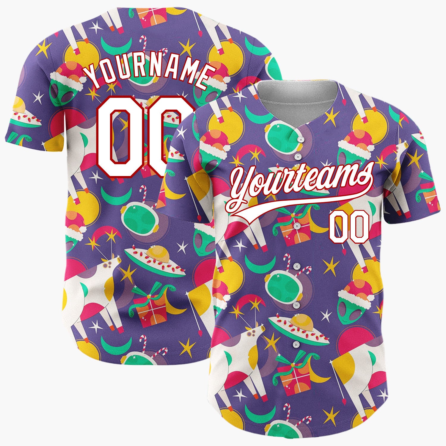 Custom Purple Green Yellow UFO Cows And Aliens Funny Christmas Baseball Jersey