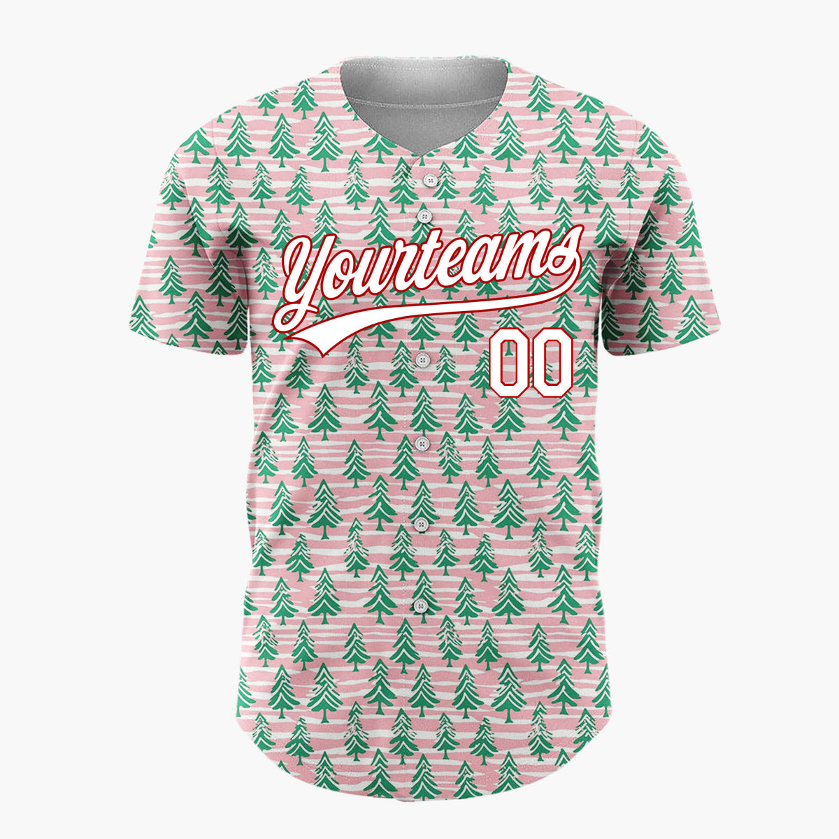 Custom Pink Green Christmas Trees Wavy Stripes Hand Drawn Christmas Baseball Jersey