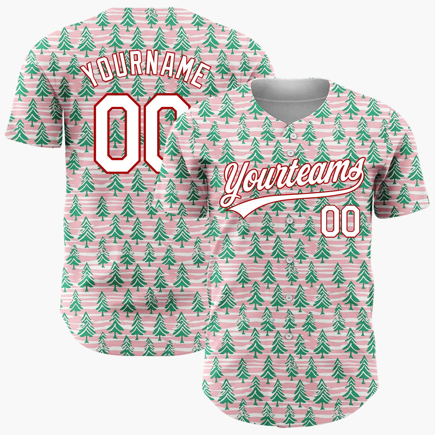 Custom Pink Green Christmas Trees Wavy Stripes Hand Drawn Christmas Baseball Jersey