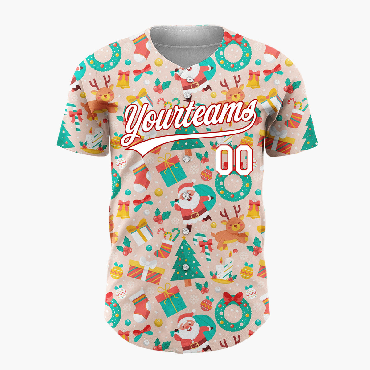 Custom Peach Green Santa Reindeers Trees And Wreaths Classic Christmas Baseball Jersey