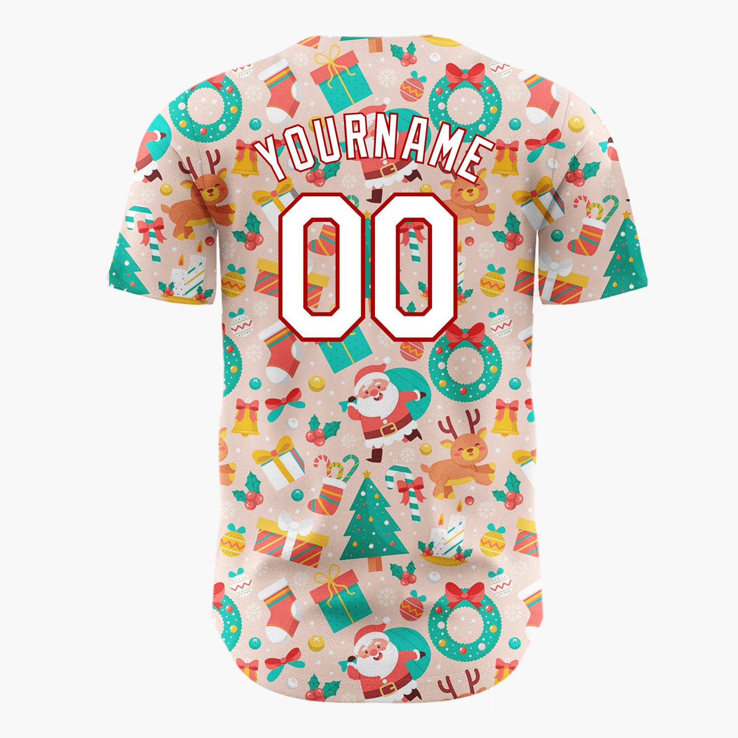 Custom Peach Green Santa Reindeers Trees And Wreaths Classic Christmas Baseball Jersey