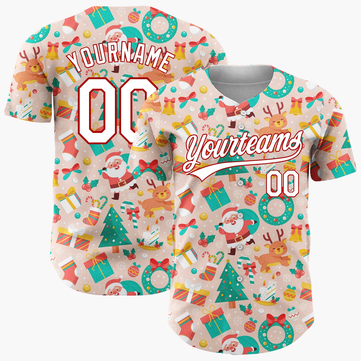 Custom Peach Green Santa Reindeers Trees And Wreaths Classic Christmas Baseball Jersey
