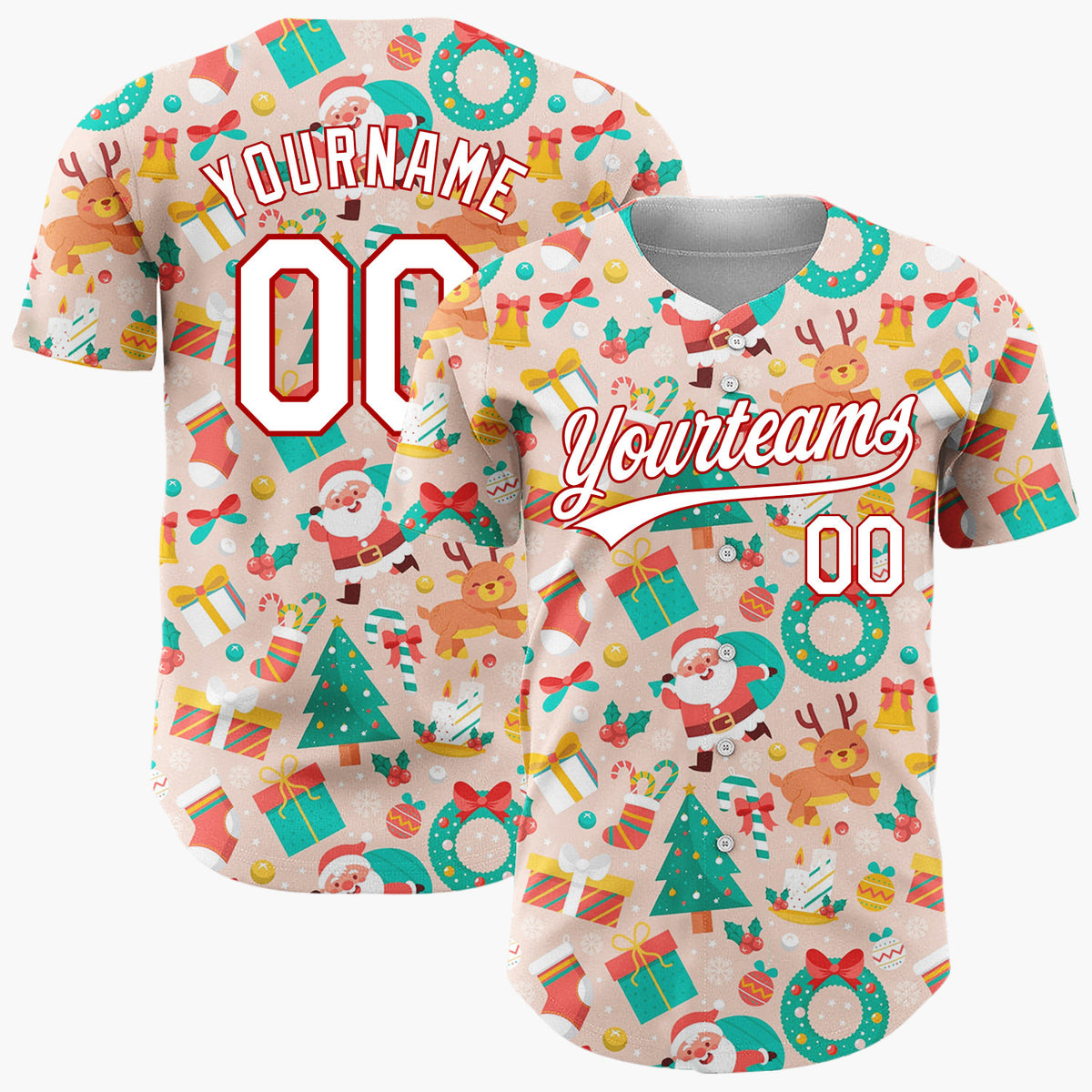 Custom Peach Green Santa Reindeers Trees And Wreaths Classic Christmas Baseball Jersey