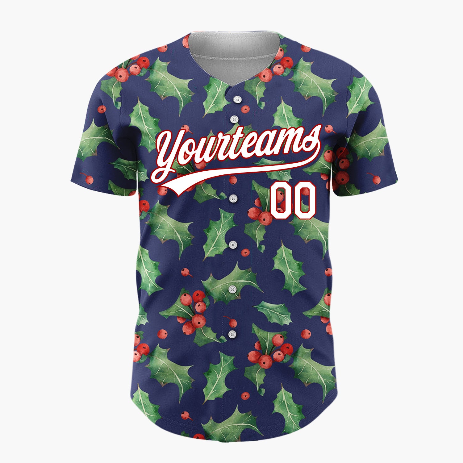 Custom Navy Holly Leaves And Berries Watercolor Christmas Baseball Jersey