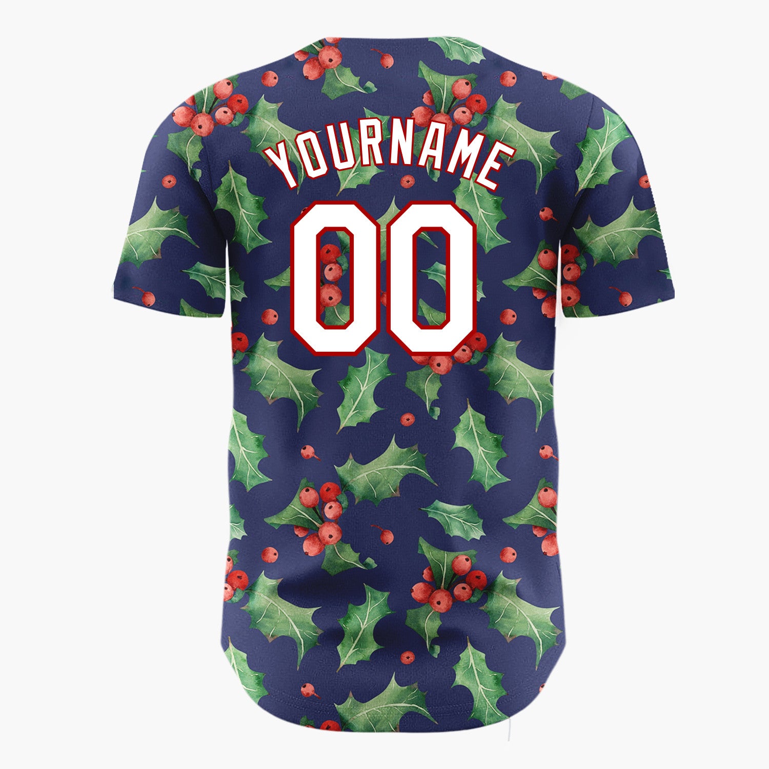 Custom Navy Holly Leaves And Berries Watercolor Christmas Baseball Jersey