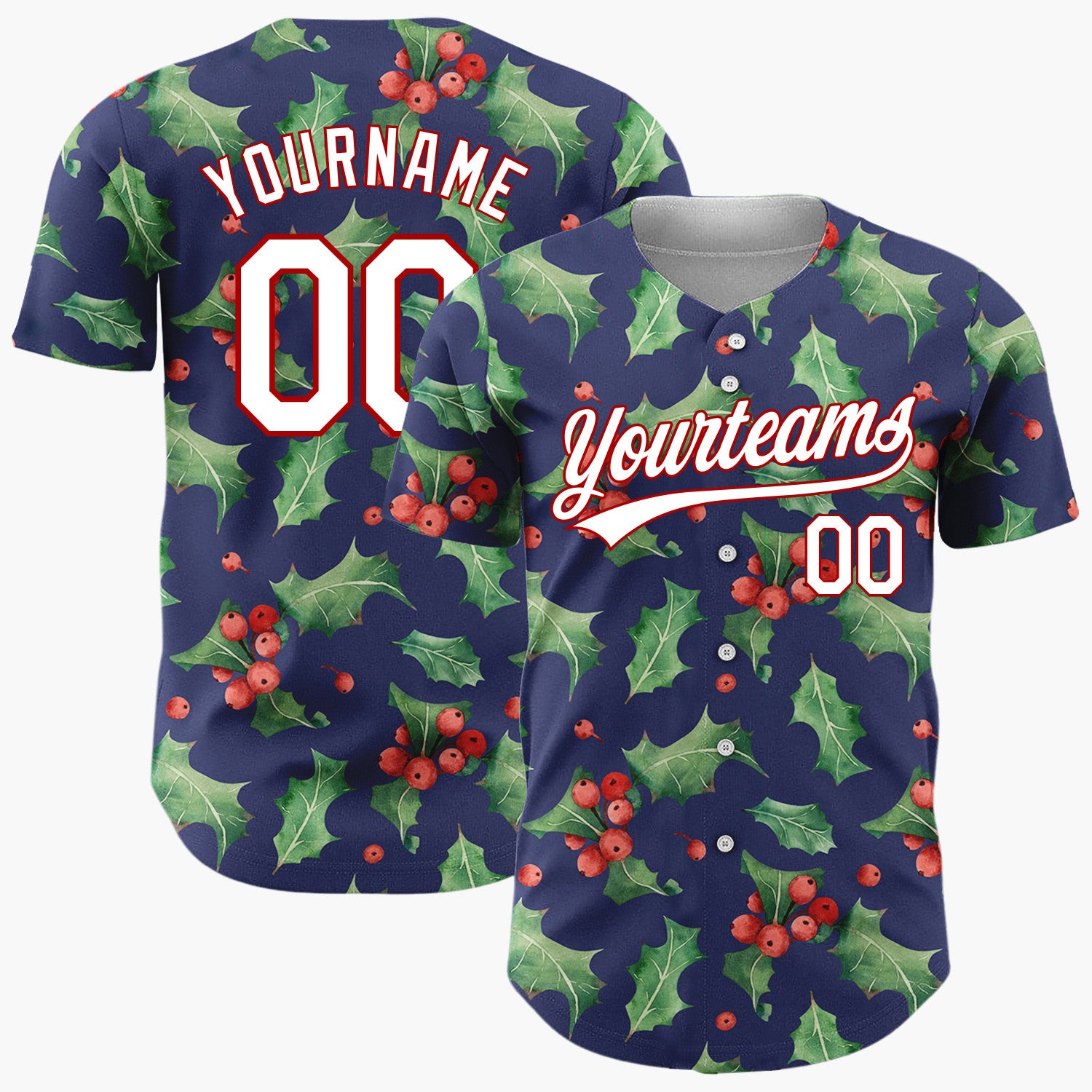Custom Navy Holly Leaves And Berries Watercolor Christmas Baseball Jersey