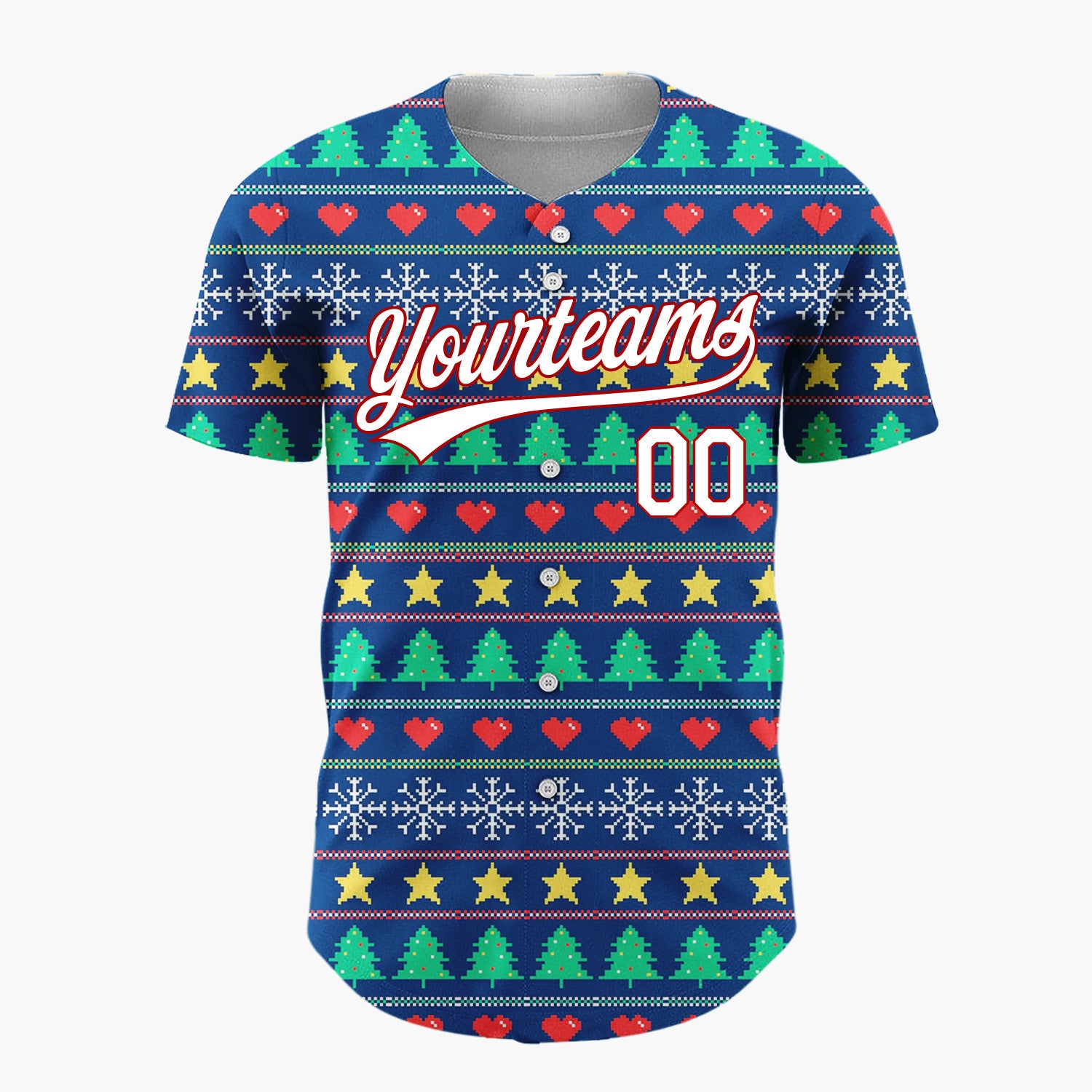 Custom Navy Green Yellow Stars Trees And Hearts Pixel Christmas Baseball Jersey