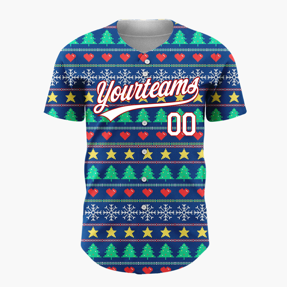 Custom Navy Green Yellow Stars Trees And Hearts Pixel Christmas Baseball Jersey