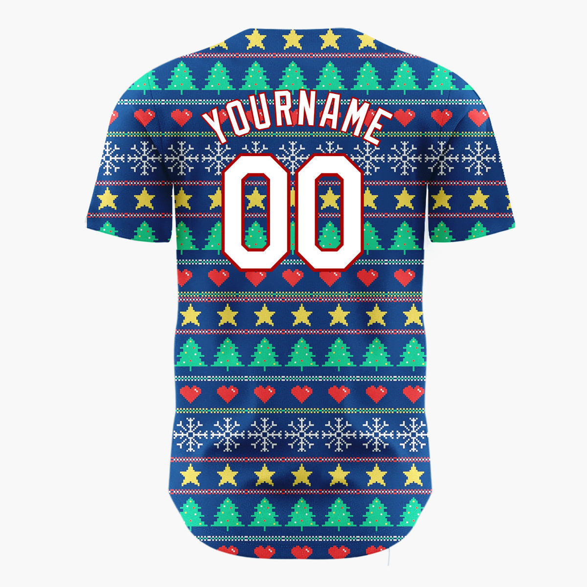 Custom Navy Green Yellow Stars Trees And Hearts Pixel Christmas Baseball Jersey