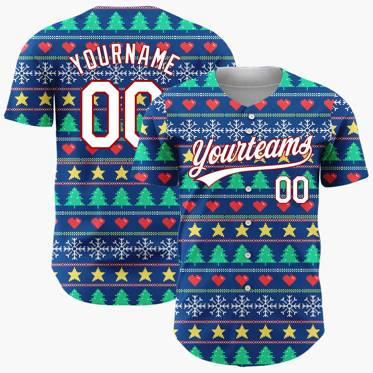 Custom Navy Green Yellow Stars Trees And Hearts Pixel Christmas Baseball Jersey
