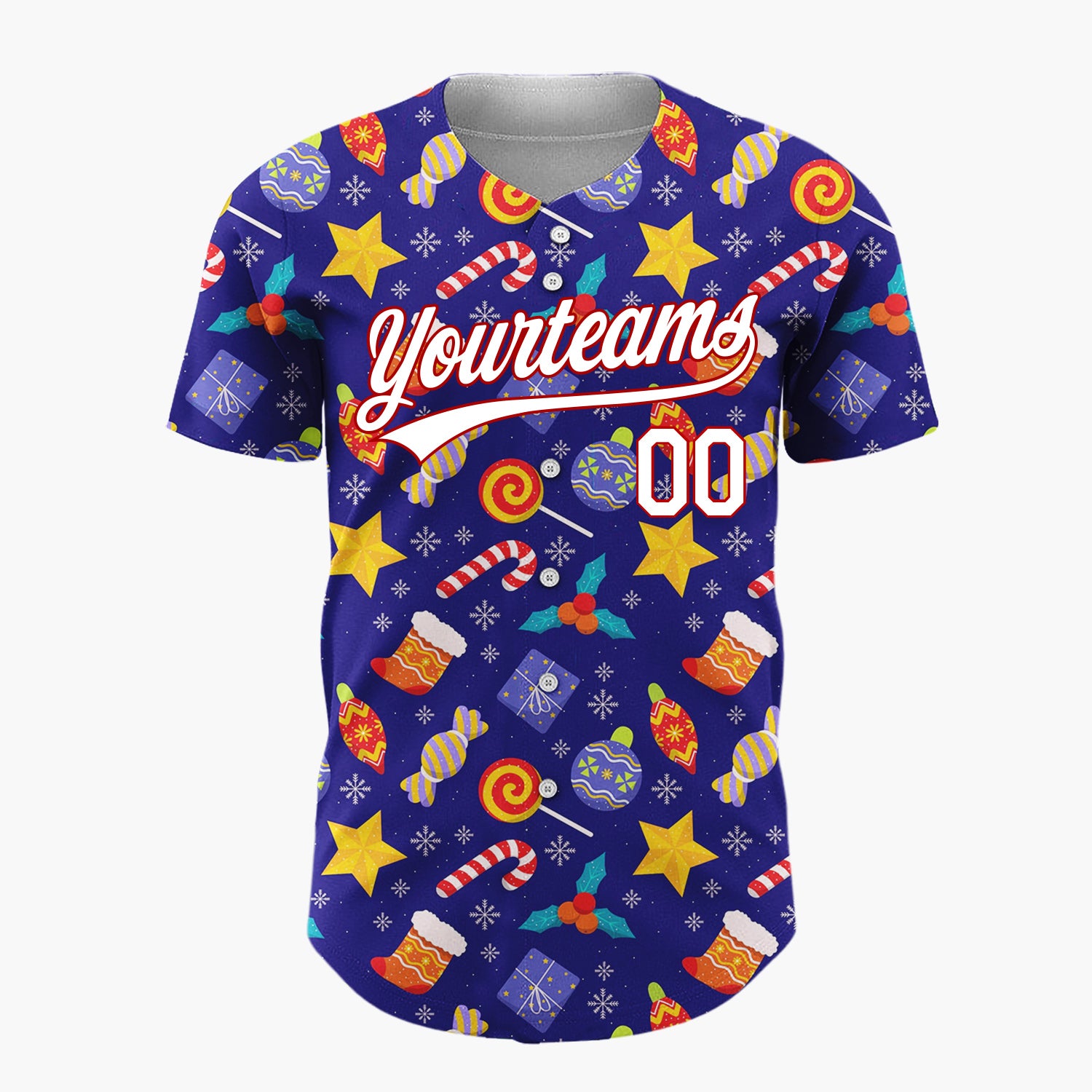 Custom Navy Yellow Stars Candies And Gifts Festive Holiday Pattern Christmas Baseball Jersey