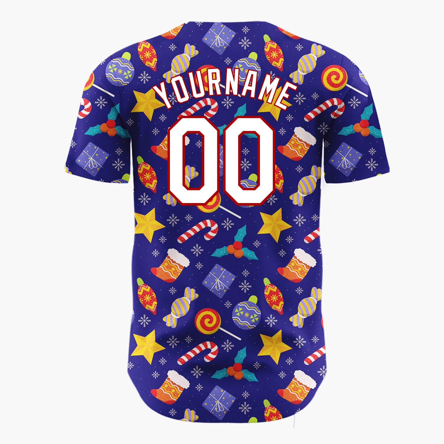 Custom Navy Yellow Stars Candies And Gifts Festive Holiday Pattern Christmas Baseball Jersey