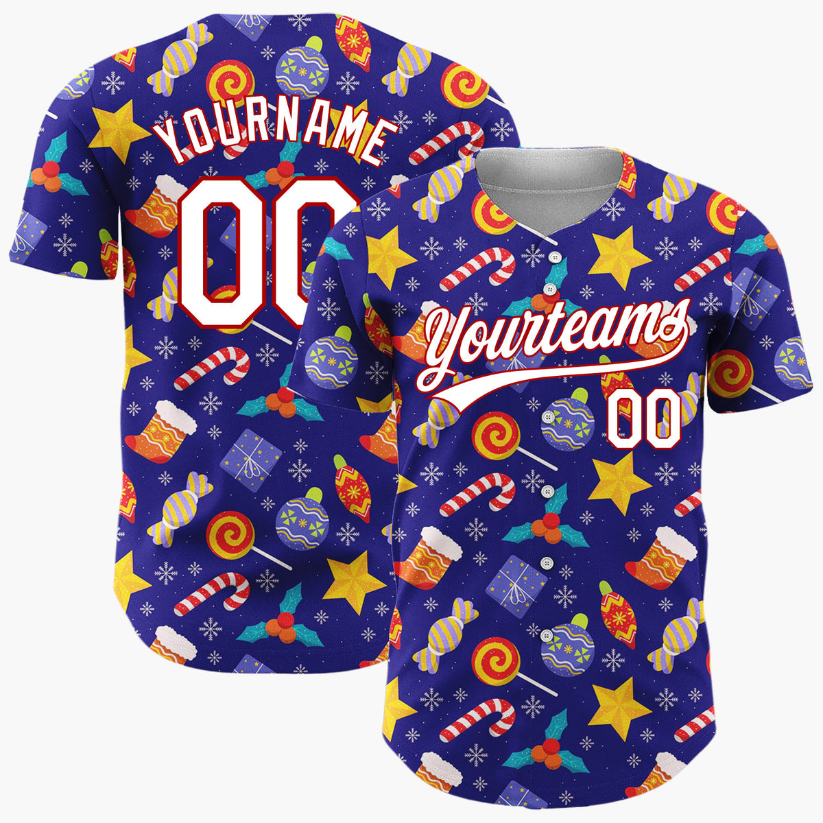 Custom Navy Yellow Stars Candies And Gifts Festive Holiday Pattern Christmas Baseball Jersey