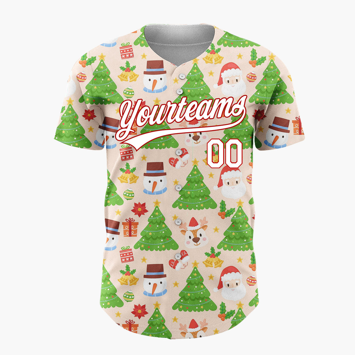 Custom Peach Green Santa Snowmen And Christmas Trees Cheerful Holiday Pattern Christmas Baseball Jersey