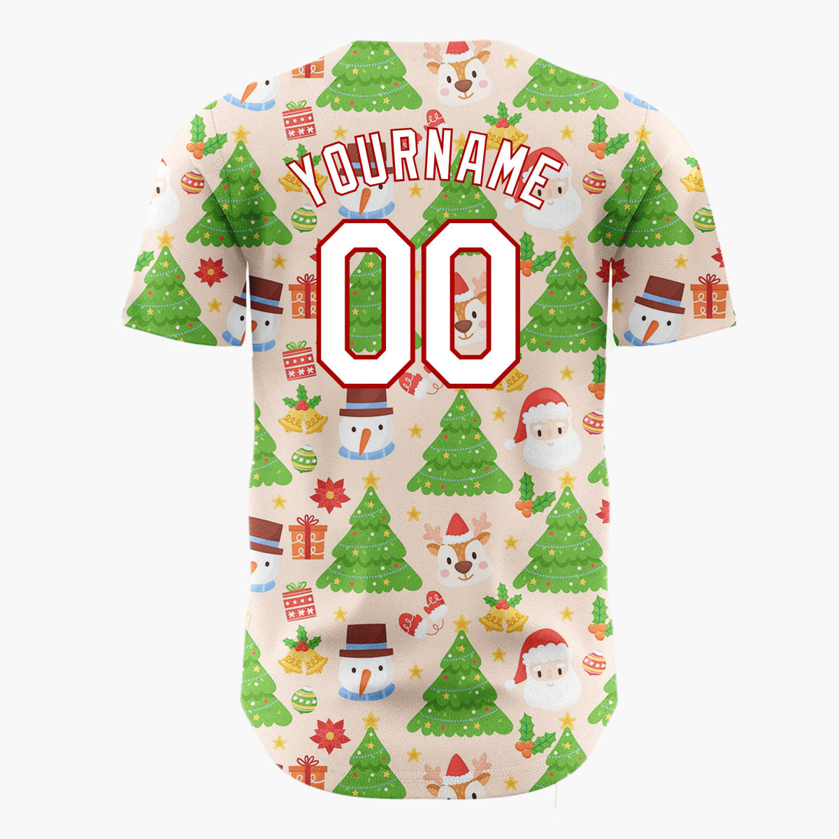 Custom Peach Green Santa Snowmen And Christmas Trees Cheerful Holiday Pattern Christmas Baseball Jersey