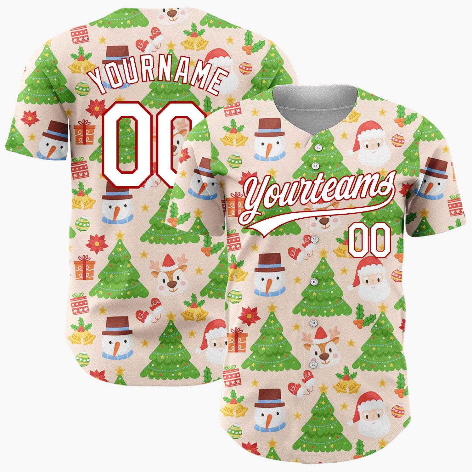Custom Peach Green Santa Snowmen And Christmas Trees Cheerful Holiday Pattern Christmas Baseball Jersey