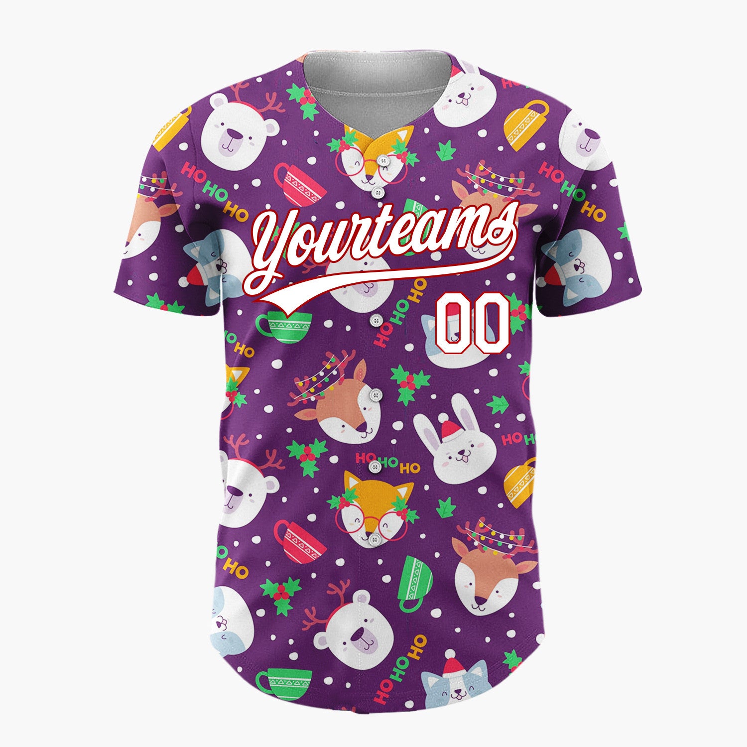 Custom Purple White Animal Faces And Mugs Christmas Character Doodle Pattern Christmas Baseball Jersey