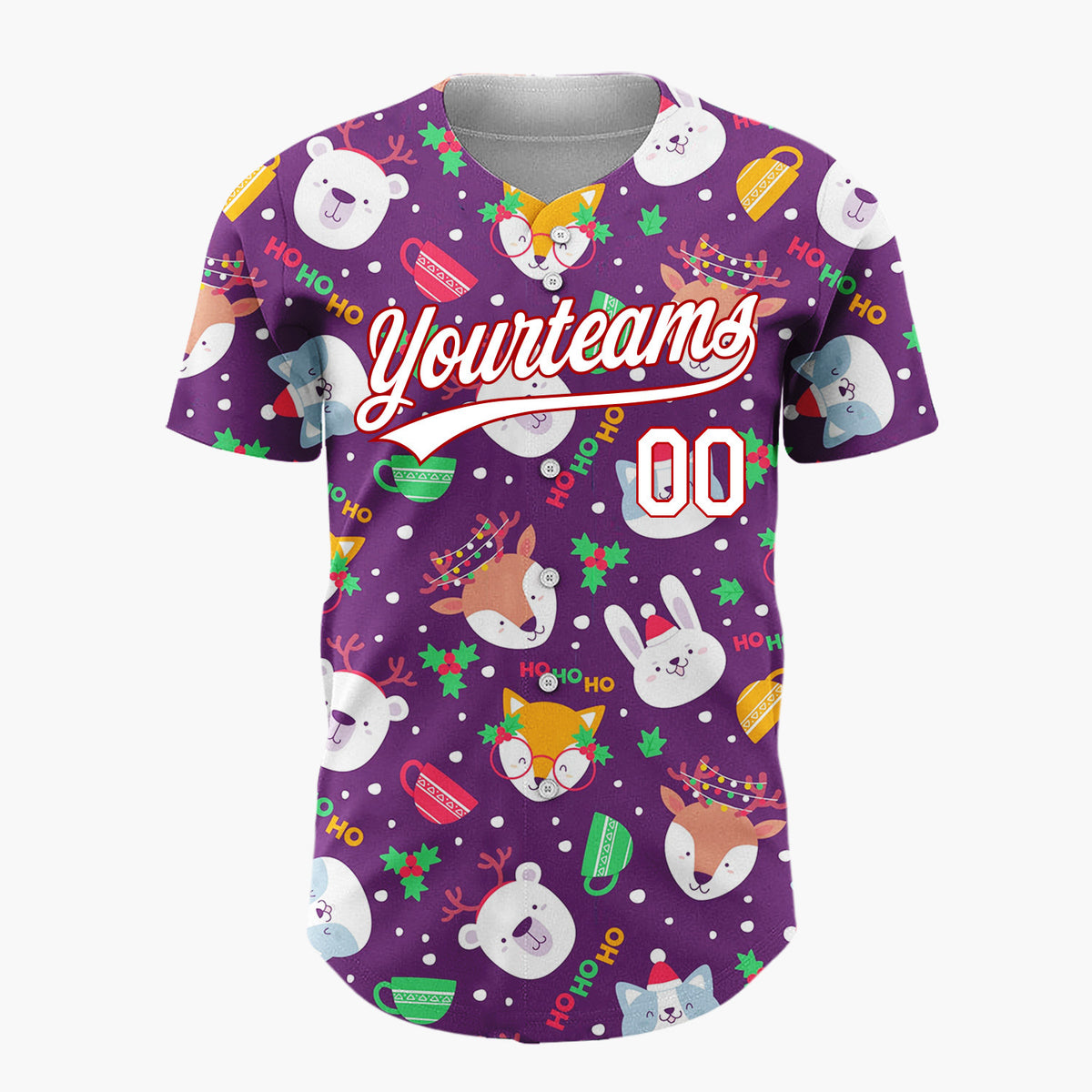 Custom Purple White Animal Faces And Mugs Christmas Character Doodle Pattern Christmas Baseball Jersey