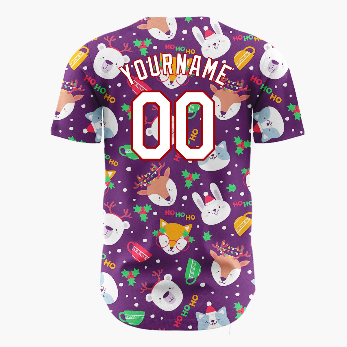Custom Purple White Animal Faces And Mugs Christmas Character Doodle Pattern Christmas Baseball Jersey