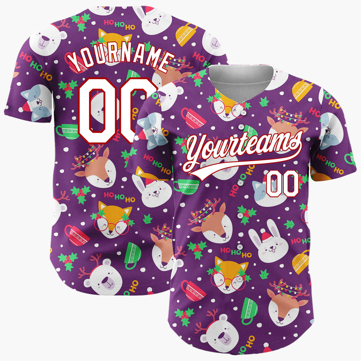 Custom Purple White Animal Faces And Mugs Christmas Character Doodle Pattern Christmas Baseball Jersey