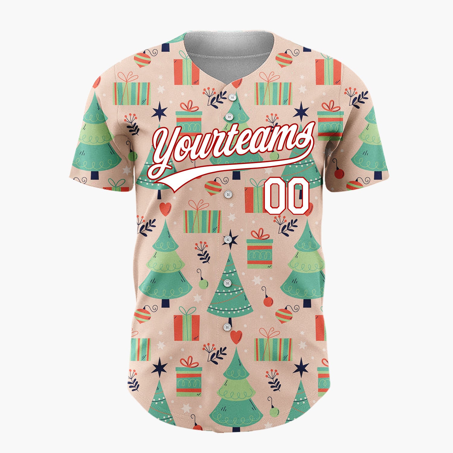 Custom Peach Green Christmas Trees Gifts And Ornaments Cheerful Holiday Pattern Christmas Baseball Jersey
