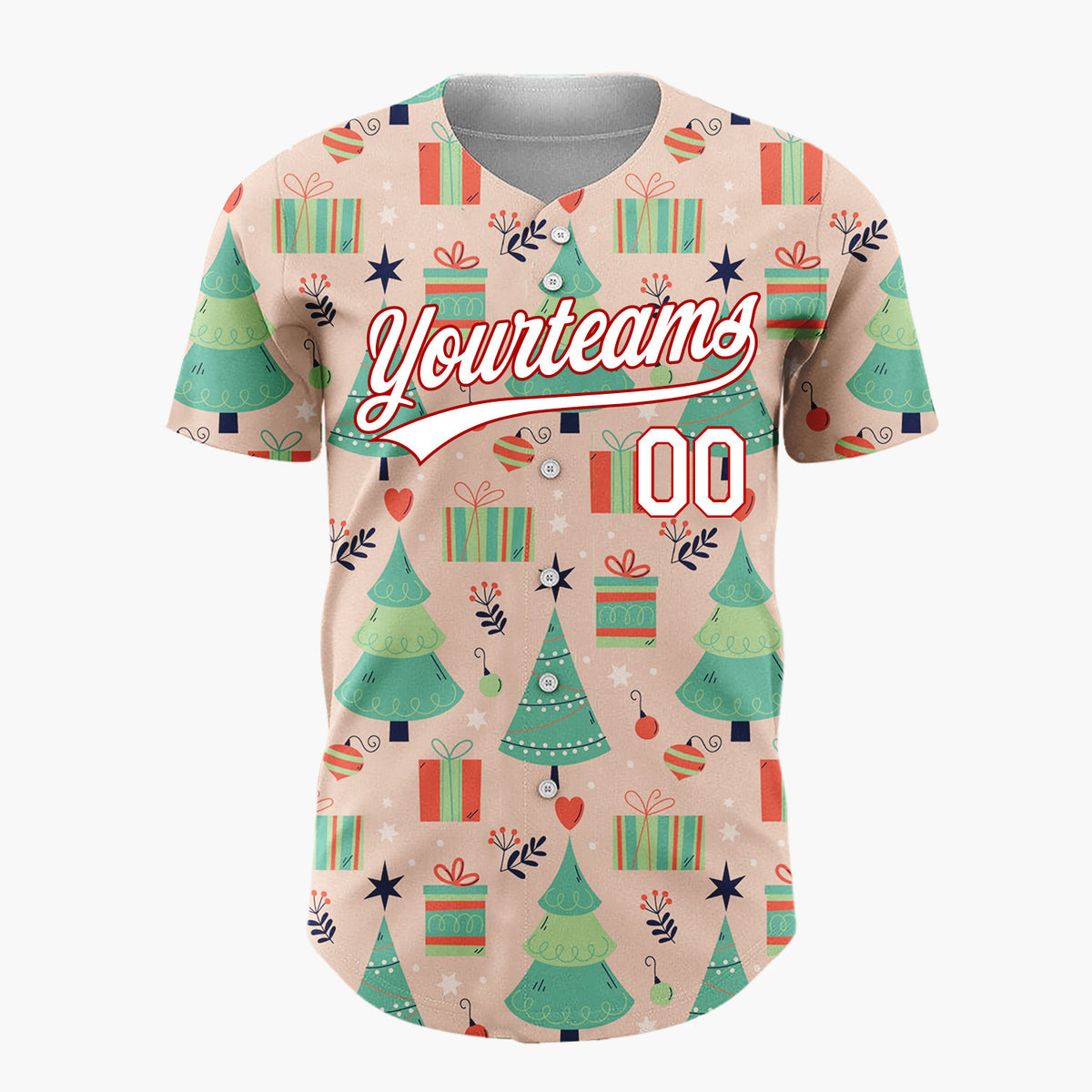 Custom Peach Green Christmas Trees Gifts And Ornaments Cheerful Holiday Pattern Christmas Baseball Jersey