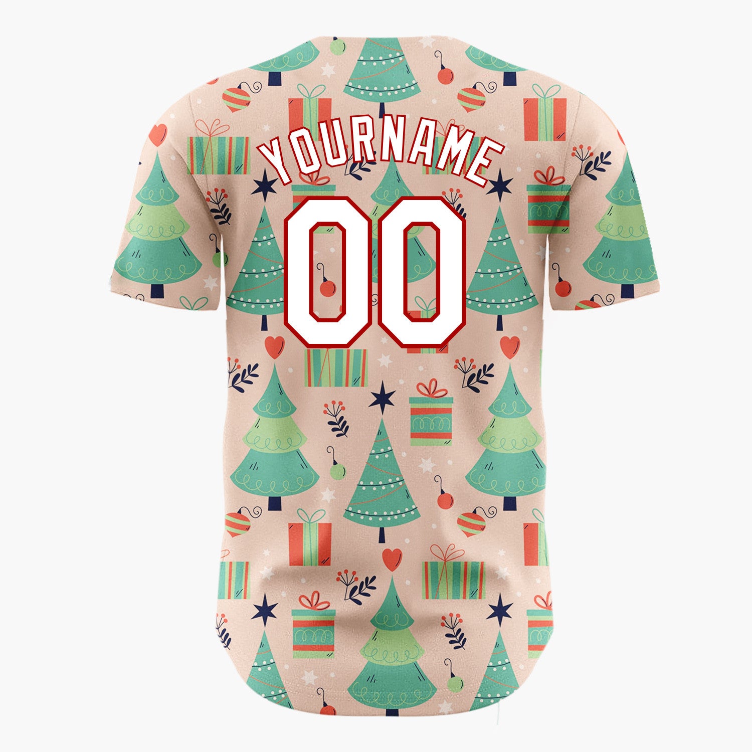 Custom Peach Green Christmas Trees Gifts And Ornaments Cheerful Holiday Pattern Christmas Baseball Jersey