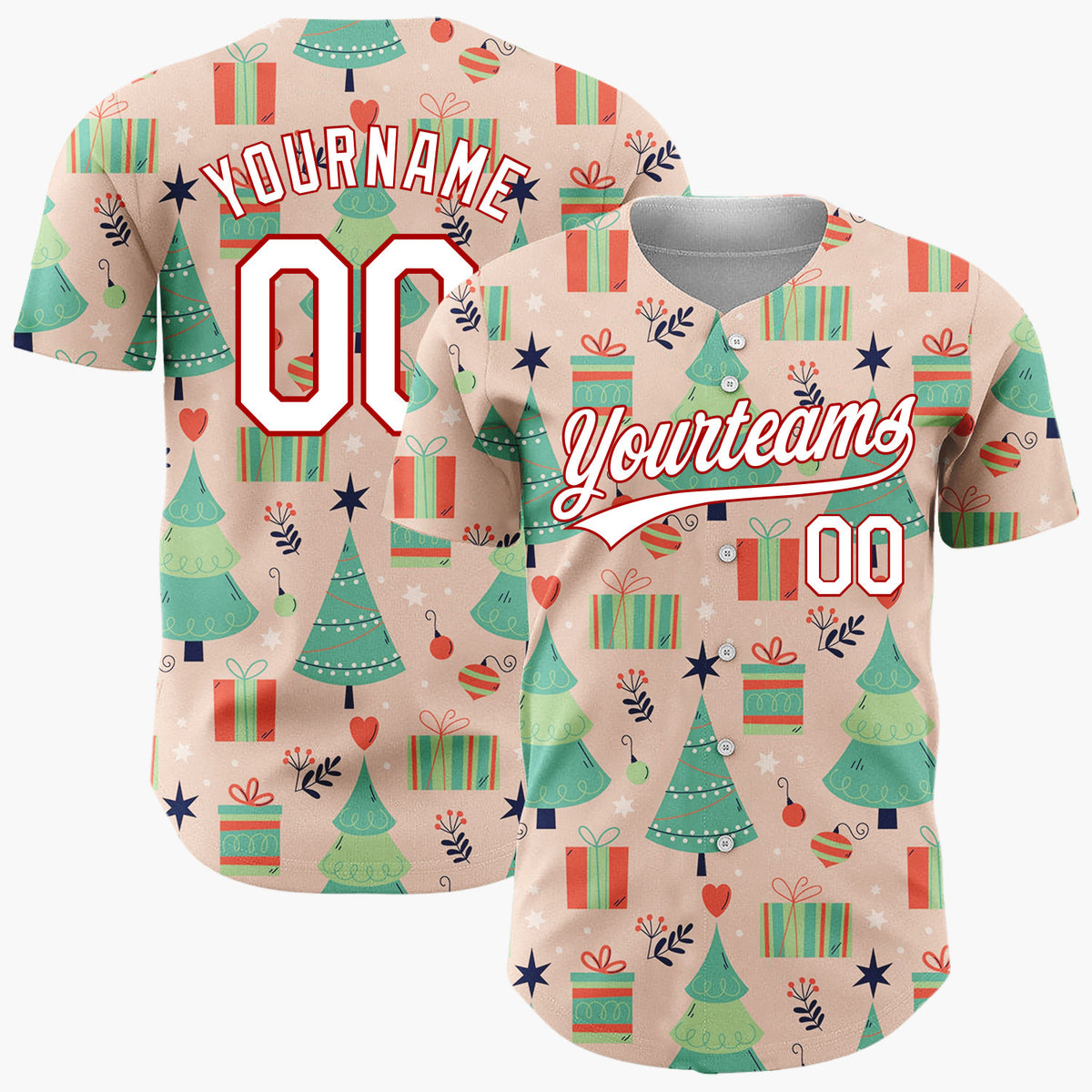 Custom Peach Green Christmas Trees Gifts And Ornaments Cheerful Holiday Pattern Christmas Baseball Jersey