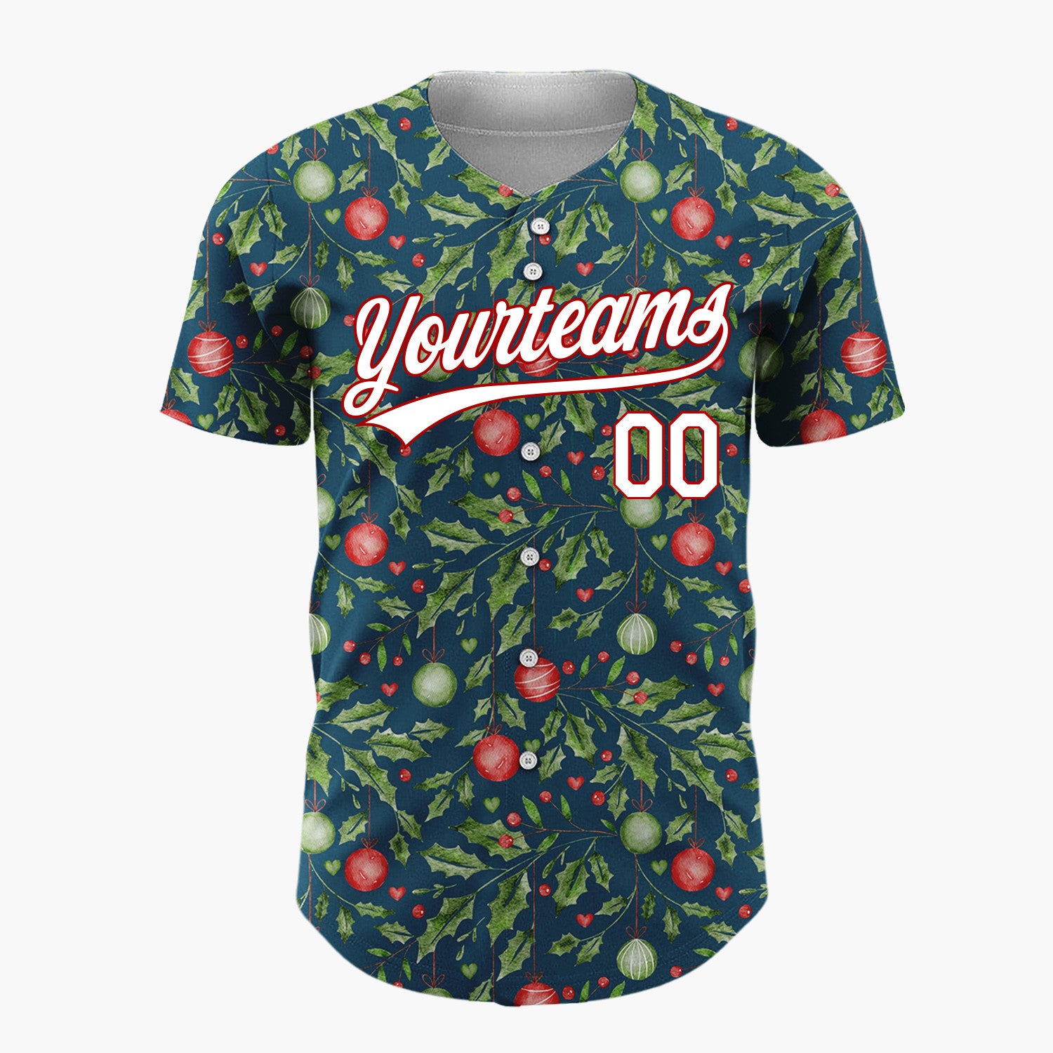 Custom Navy Holly And Ornaments Watercolor Christmas Baseball Jersey