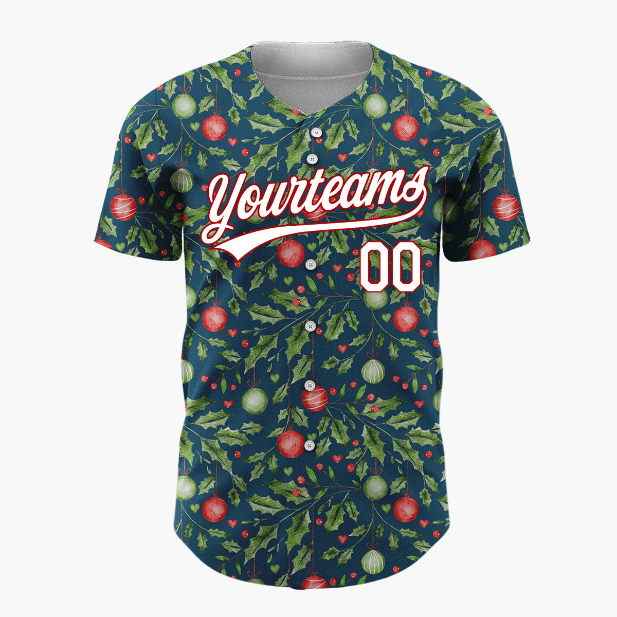 Custom Navy Holly And Ornaments Watercolor Christmas Baseball Jersey