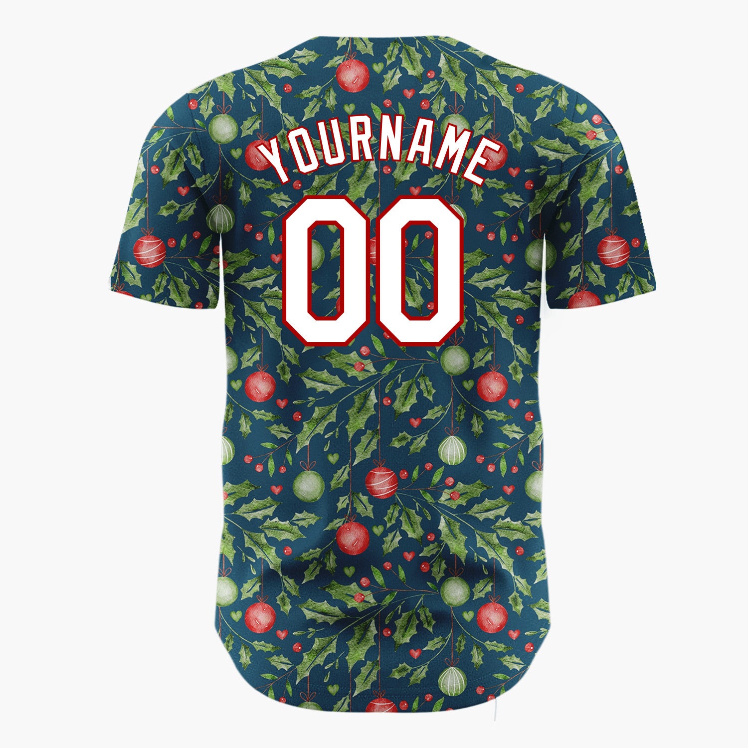 Custom Navy Holly And Ornaments Watercolor Christmas Baseball Jersey