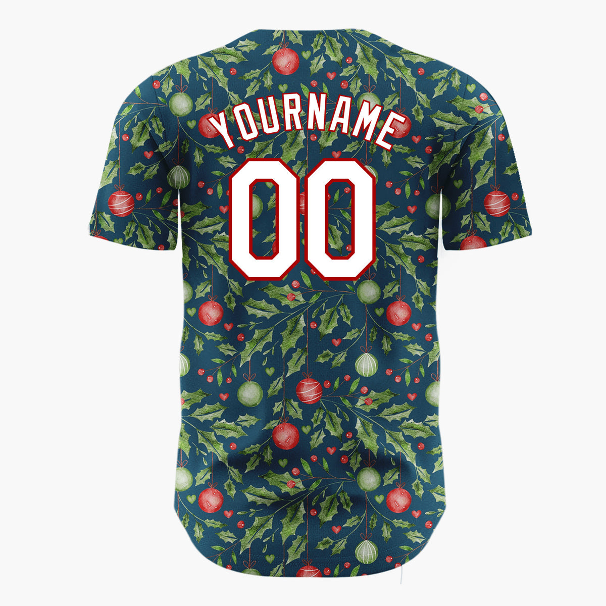Custom Navy Holly And Ornaments Watercolor Christmas Baseball Jersey