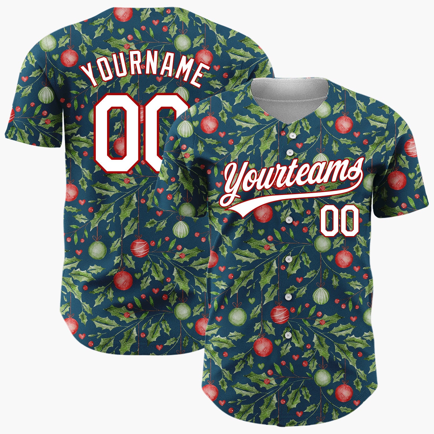Custom Navy Holly And Ornaments Watercolor Christmas Baseball Jersey