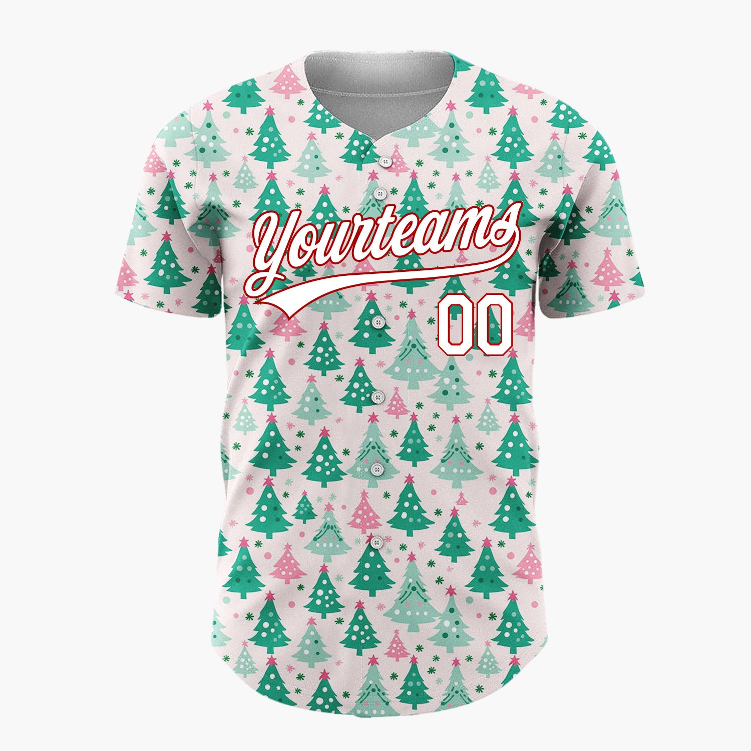 Custom Pink Decorated Evergreen Trees Whimsical Christmas Baseball Jersey