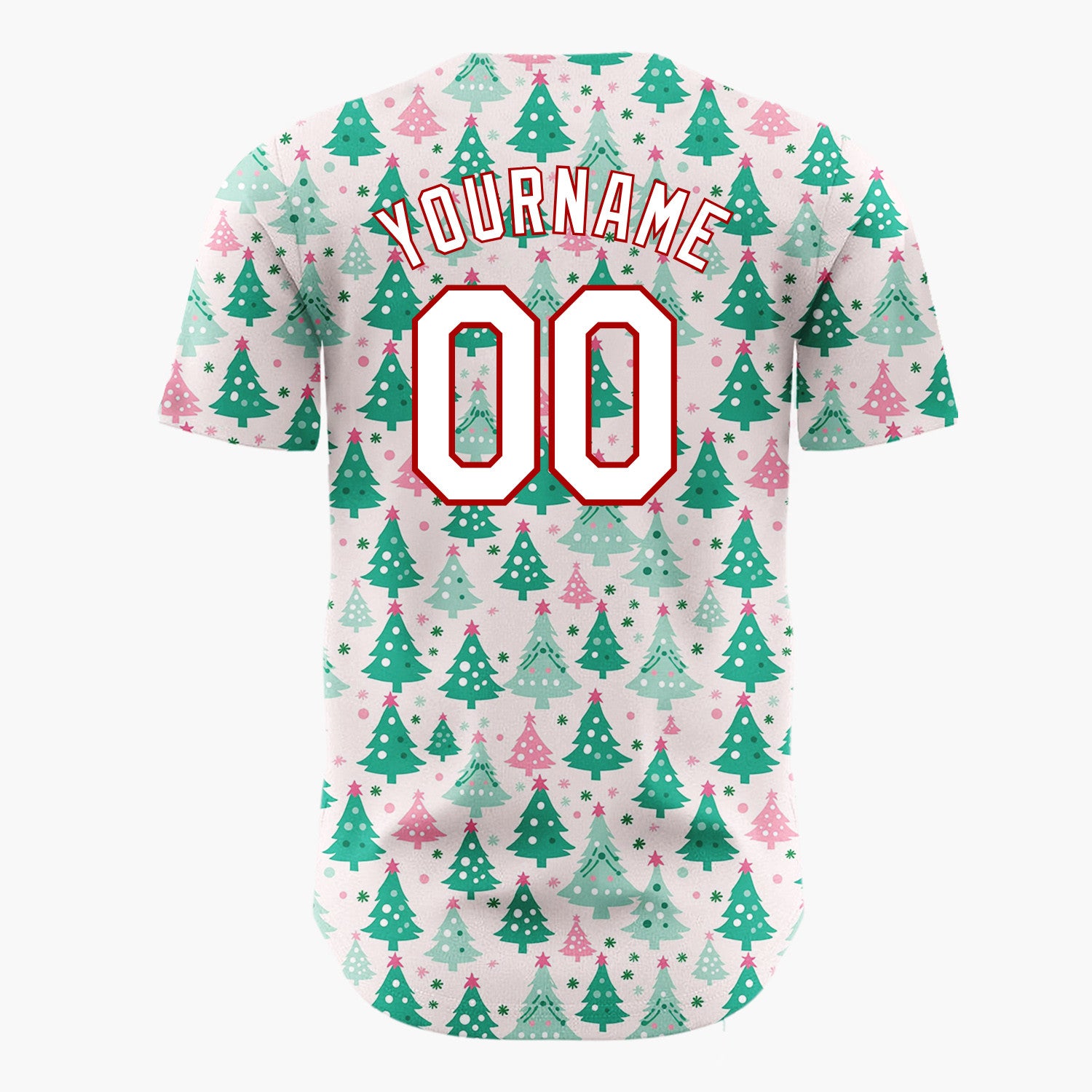 Custom Pink Decorated Evergreen Trees Whimsical Christmas Baseball Jersey