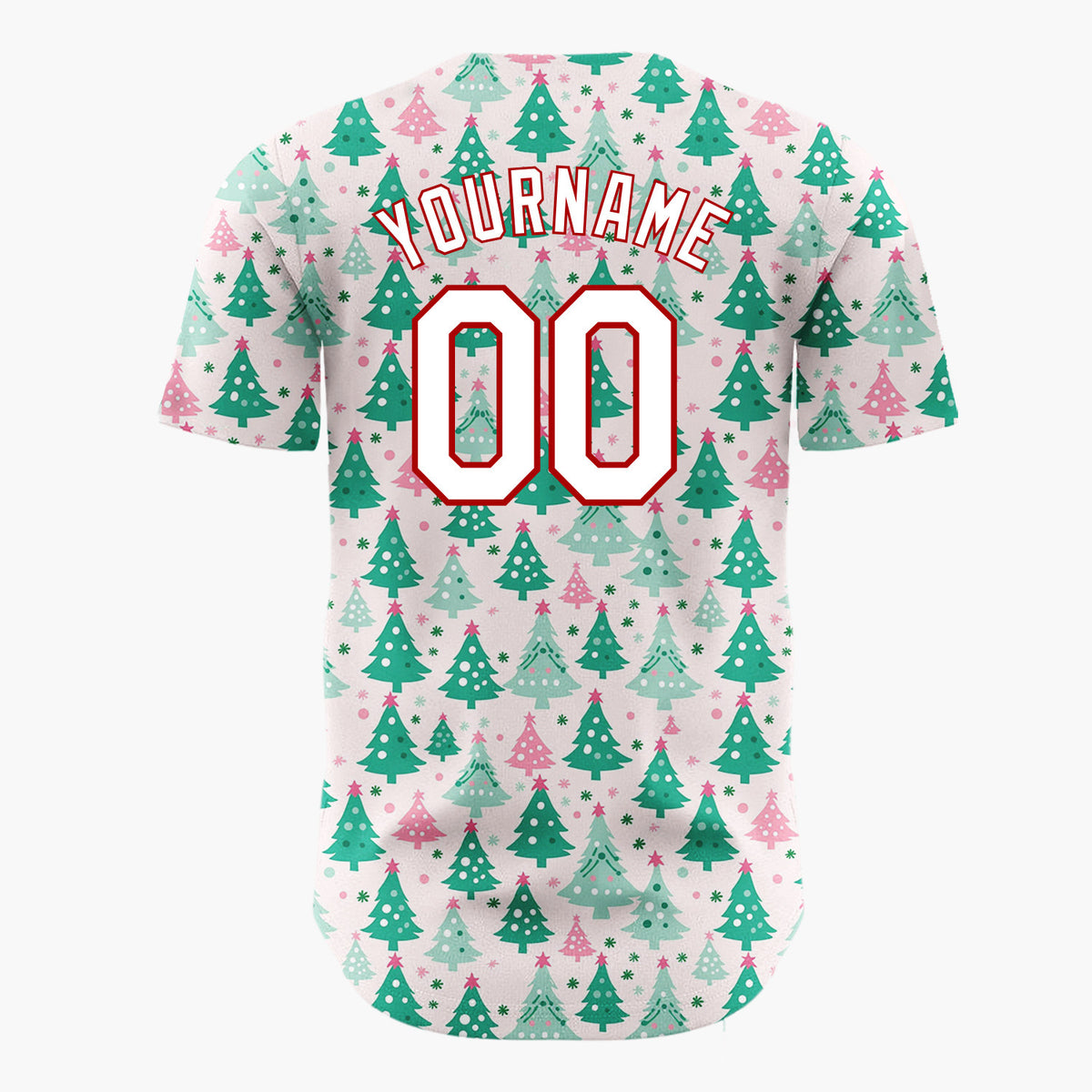 Custom Pink Decorated Evergreen Trees Whimsical Christmas Baseball Jersey