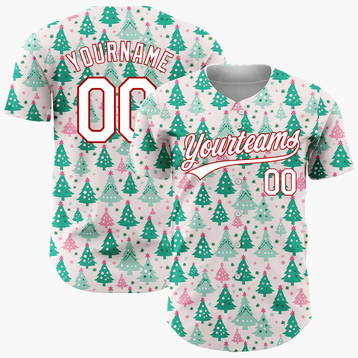 Custom Pink Decorated Evergreen Trees Whimsical Christmas Baseball Jersey