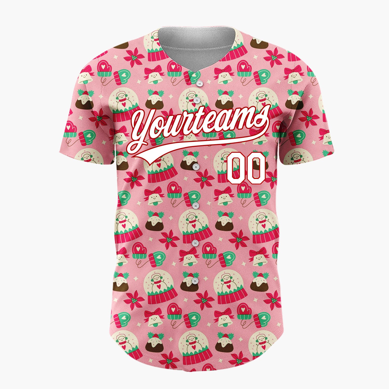Custom Pink Red Snow Globes Puddings And Mittens Christmas Cartoon Pattern Christmas Baseball Jersey