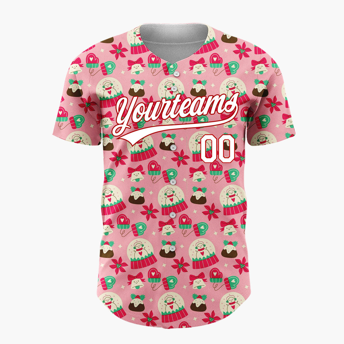 Custom Pink Red Snow Globes Puddings And Mittens Christmas Cartoon Pattern Christmas Baseball Jersey