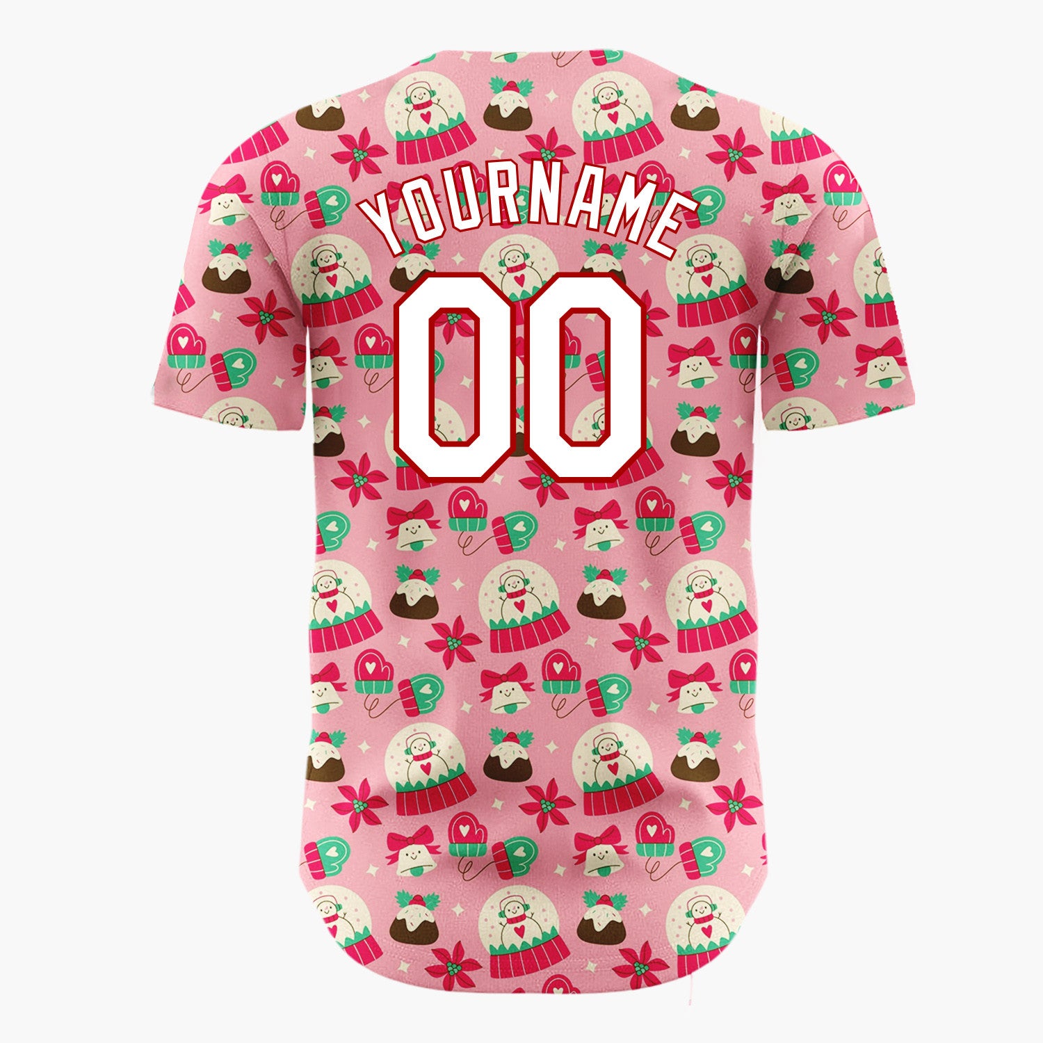 Custom Pink Red Snow Globes Puddings And Mittens Christmas Cartoon Pattern Christmas Baseball Jersey