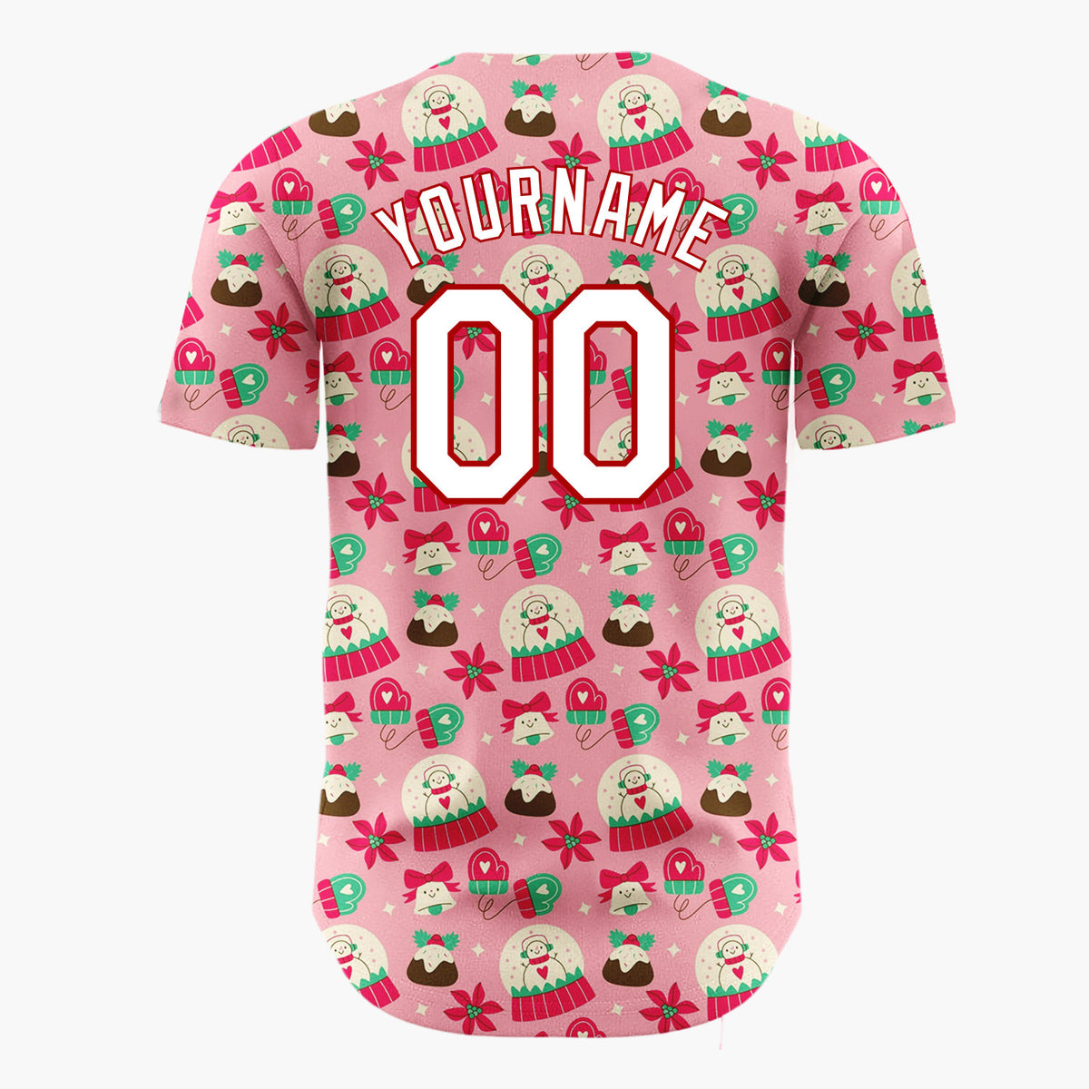 Custom Pink Red Snow Globes Puddings And Mittens Christmas Cartoon Pattern Christmas Baseball Jersey
